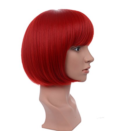 BESTUNG 10" Short Straight Flapper Bob Wigs Synthetic Heat Resistant Cosplay Party Costume Halloween Hair Wig( RED)