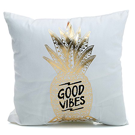 Kingla Home Flannel Bronzing Home Throw Pillow Covers Pineapple Printed "GOOD VIBES" Cushion Cases 1818 inch Cute Pillow Case