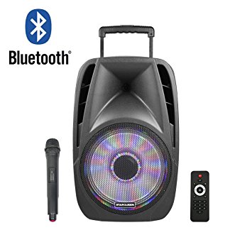 STARQUEEN 12" Portable Bluetooth PA Audio Speaker System with Wireless Handheld Microphone, Mic/Guitar Jack, USB/SD/FM Radio Function, Telescoping Handle & Wheels, Black