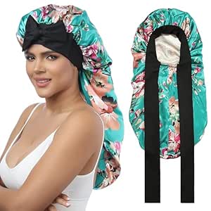 AWAYTR Long Satin Bonnet for Women - Double Layer Elastic Silk Bonnet for Braids Hair Sleeping Cap with Tie Band (Flower A)