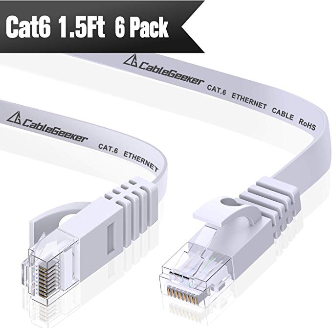 Cat 6 Ethernet Cable 1.5ft - 6 Pack White (at a Cat5e Price but Higher Bandwidth) Cat6 Internet Network Cables - Flat Ethernet Patch Cable Short - Computer Cable with Snagless RJ45 Connectors