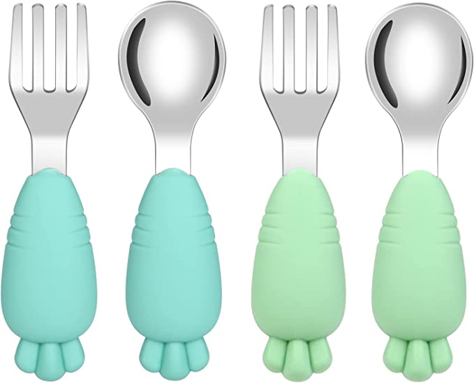 Vicloon Toddler Fork and Spoon, 4 Pcs Stainless Steel Baby Utensils Cutlery Set, Toddler Utensils Spoons Forks Self Feeding Learning Spoons, Children Flatware Weaning and Learning to Use