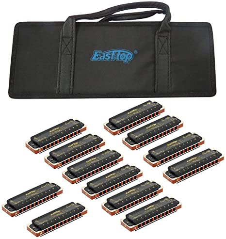 East top Diatonic Blues Harmonica Set of 12, 10 Holes Diatonic Blues Harp Mouth Organ Set, 12 Keys 008K Harmonicas for Adults and Professionals with Black Case, as Gift(12)