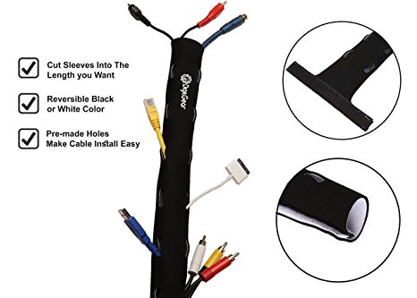 49" Cable Management Sleeve w/Pre-made Holes - Highest Quality Neoprene - Black & White Adjustable Cable Organizer - Cord Organizer - Wire Hider Concealer Protector - For PC, TV, Office and Home