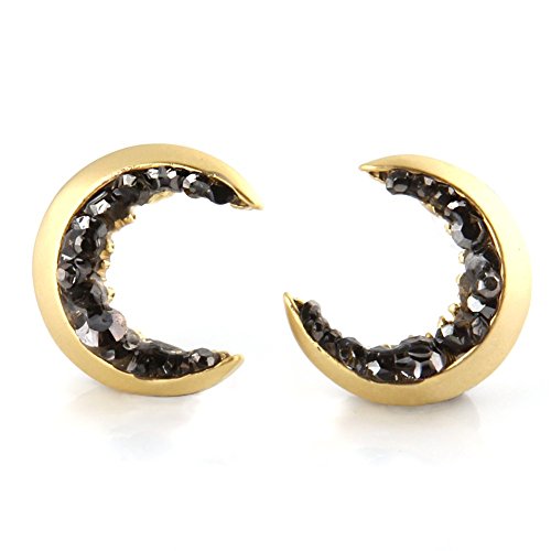 Laonato Crescent Moon and Black CZ Earrings
