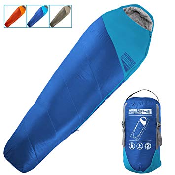 Winner Outfitters Mummy Sleeping Bag with Compression Sack, It's Portable and Lightweight for 3-4 Season Camping, Hiking, Traveling, Backpacking and Outdoor Activities (Sky Blue, 82CM W x 220CM L)