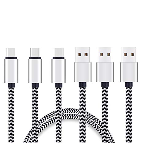 USB Type C Cable,[6ft 3Pack]by Ailun,High Speed Type-C to USB A Sync & Charging Nylon Braided Cable for Smartphone&Tablets [Silver&blackwhite]