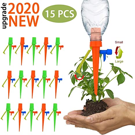 【Upgraded Version 】 15 Pcs Plant Watering Devices, Automatic Plant Waterer Self Watering Drip Irrigation Spikes Device with Slow Release Control Switch and Bracket Support for Outdoor Indoor
