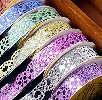 Washi Tape,Lace Pattern Glitter Bling Self-adhesive Tape,Diamond Washi Tape Masking DIY Scrapbooking Lace Tape Sticker 6 Roll Color random