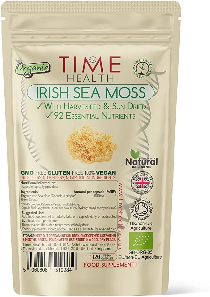 New: Organic Irish Sea Moss (Chrondrus crispus) - 120 Capsules - Wild Harvested - Pristine Canadian Waters - 92 Essential Nutrients - 129μg Iodine per Capsule - UK Made - GMP - No Additives