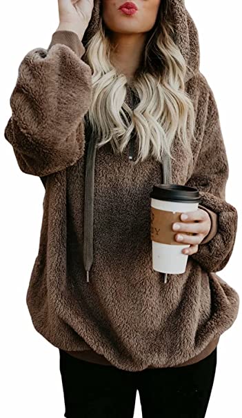 Dokotoo Womens Fuzzy Casual Loose Sweatshirt Hooded with Pockets Outerwear S-XXL