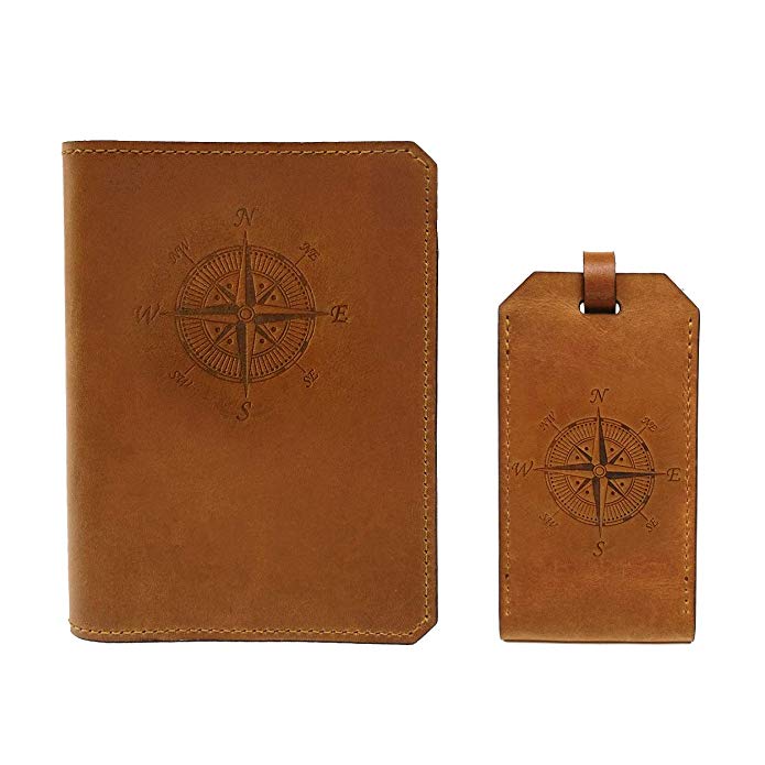 Handmade Wax Leather Embossed Travel Set – Passport Holder and Luggage Tag – SIM Card Eject Pin Tool Included