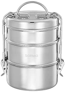 Amazon Brand - Solimo Tiffin Container with Retractive | Space-Saving Handles | Stainless Steel | 3 Compartments