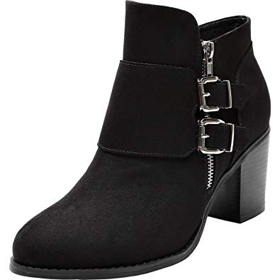 Women's Wide Width Ankle Boots - Low Chunky Heel Foldover Buckle Zipper Martin Boots,Warm Ankle Booties.