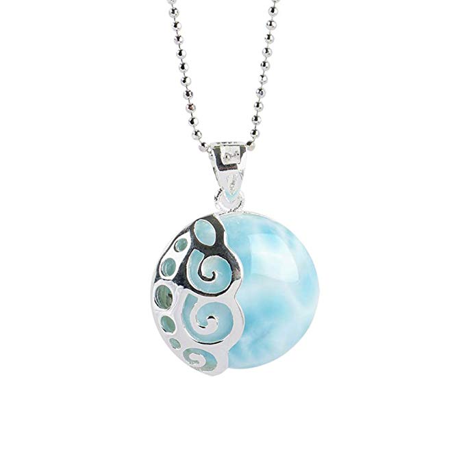 Tuoke Larimar Pendant Necklace 14K White Gold Plated Silver Natural Genuine Fashion Gemstones Handmade Larimar Women Jewelry Classic Necklace with 18" Chain