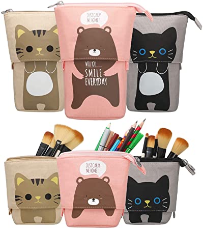 Outus 3 Pieces Transformer Stand Store Pencil Holder Canvas PU Cartoon Cute Animals Telescopic Pencil Organizer Cosmetics Pouch Makeup Bag Stationery Pen Case (Coffee Cat, Cute Bear, Black Cat)