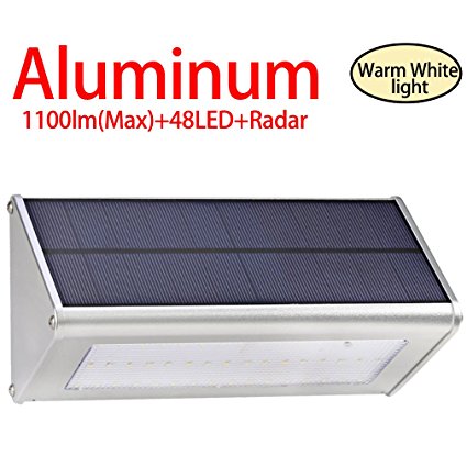 Licwshi 1100 Lumens(Max) Solar Lights 48 LED Lights Waterproof Outdoor Aluminum Alloy Housing, Radar Motion Sensor Light for Step, Garden, Yard, Deck-warm white ( 2017 new Version - 1 Pack)