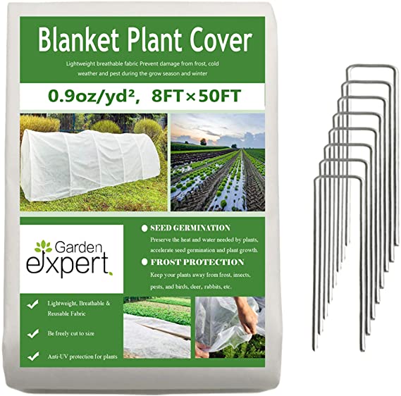 Garden EXPERT Plant Covers Freeze Protection Floating Row Cover 0.9oz Fabric Frost Cloth Plant Blanket for Plants & Vegetables in Winter(8FTx50FT,with 8 PCS Staples Stakes)