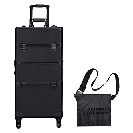 Yaheetech Professional Train Case 3 in 1 Makeup Organizer Large Rolling Cosmetic Case With Makeup Brush Bag Lockable Black Wheel Trolley