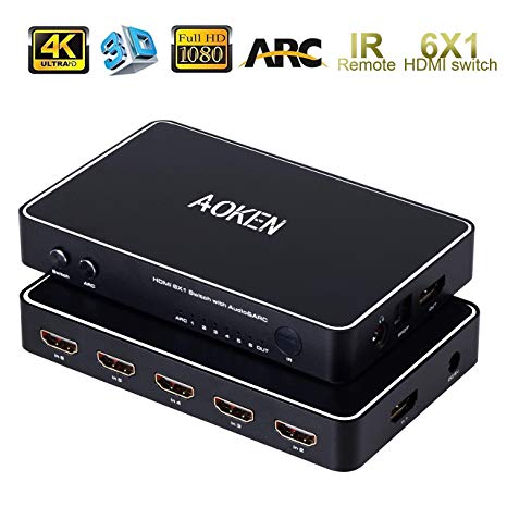 HDMI Switch Audio Extractor,Aoken HDMI Switch 6X1 IR Remote Control,4k HDMI Switcher Optical SPDIF & 3.5mm Audio Out Support 4K@30HZ ARC PS4 Xbox/Blu-ray DVD/Roku 6.6ft Cable