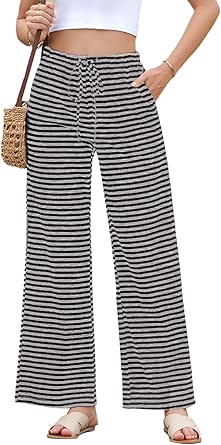 EVALESS Wide Leg Pants for Women Drawstring Elastic Waist Stripe Lightweight Sweatpants with Pockets