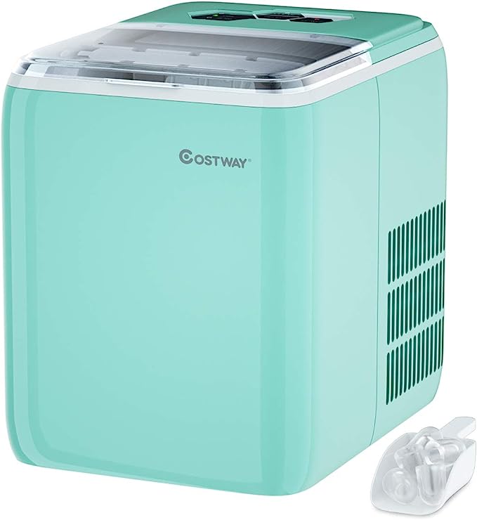 COSTWAY Ice Maker Countertop with Self-cleaning Function, Make 44 Lbs Ice in 24 Hours, Ice Cubes Ready in 8.5 Mins, Ideal for Bar Home and Office, Portable Ice Machine with Ice Scoop and Basket, Green