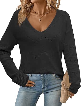 Zeagoo Womens Sweaters Trendy Fashion Long Sleeve Shirts Off Shoulder Crochet V Neck Knit Pullover Tops Outfits