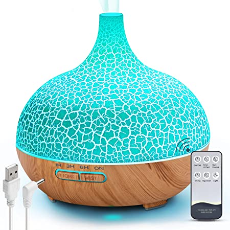 Essential Oil Diffuser, USB POWERED Humidifier with Remote Control Aromatherapy Diffuser 400ml LED Crack Design,4 Timer Ultrasonic with Lights & Waterless Auto-Off for Bedroom Living Room Spa