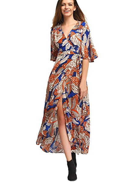 Milumia Women's Boho Deep V Neck Floral Chiffon Wrap Split Long Dress