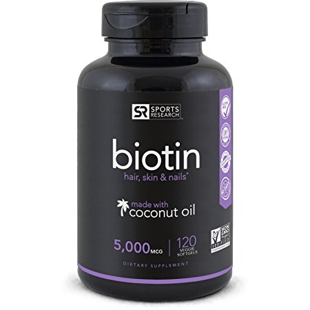 Biotin (High Potency) 5000mcg Per Veggie Softgel; Enhanced with Coconut Oil for better absorption; Supports Hair Growth, Glowing Skin and Strong Nails; 120 Mini-Veggie Softgels; Made In USA.