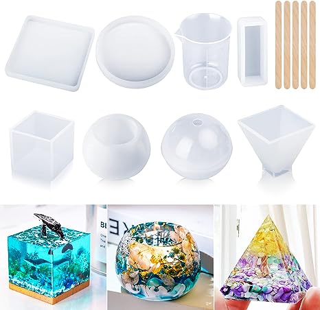 LET'S RESIN 7 PCS Large Epoxy Resin Moulds Including Pyramid, Sphere, Cube, Rectangle, Candle Holder Resin Moulds, Round/Square Coaster Moulds for Resin Casting