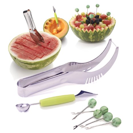 The Sapores MelonEssentials - Watermelon Melon Cutter Slicer Corer Server Knife, Melon Baller Scoop and 5 Fruit Forks