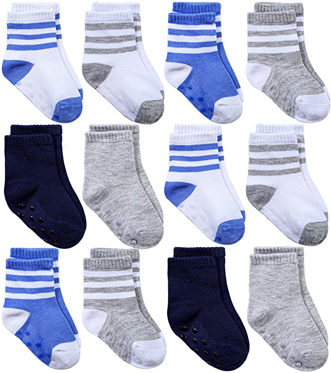 Cooraby 12 Pairs Unisex Toddler Socks Classic Non-Skid Crew Socks, Assorted Colors