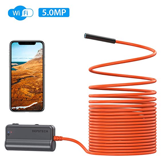 5.0MP Wireless Endoscope, DEPSTECH HD WiFi Borescope, 16 Inch Focal Distance, Snake Inspection Camera with Semi-Rigid Cable and 2600mAh Battery for Android & iOS Smart Phone & Tablets-16.4ft