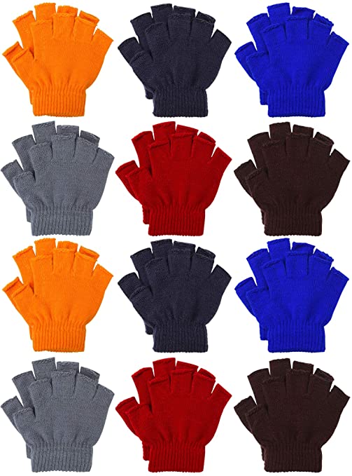Cooraby 12 Pairs Unisex Kids Half Finger Mittens Teen Winter Warm Fingerless Stretchy Knit Gloves