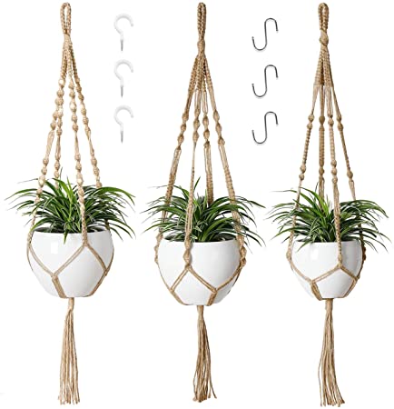 POTEY 610305 Macrame Plant Hanger - 3 Pack Plant Hangers with 6 Hooks, Different Designs Handmade Jute Hanging Plant Holder with Wood Beads for Boho Home Decor ,4 Legs,40 inch