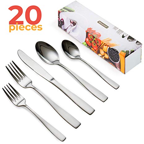 REMIHOF Silverware Flatware Cutlery Set Service For 4, 20-piece Stainless Steel Silverware Set, Kitchen Forks Spoons Knives Set, Mirror Polished with matte handles, Dishwasher Safe.
