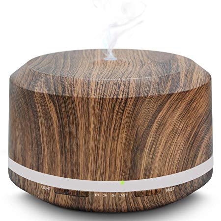 Aromatherapy Diffusers, 450ML Ultrasonic Essential Oil Diffuser Wood Grain for Large Room with Adjustable Mist Mode, 4 Timer Settings and 8 Colorful Light - LUSCREAL