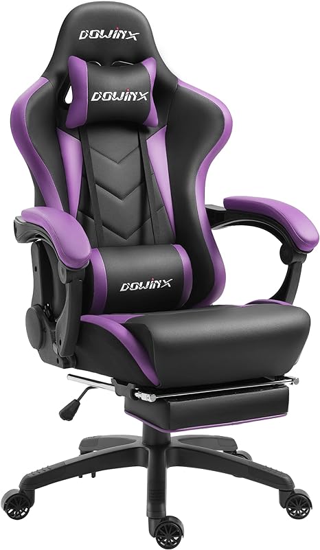Dowinx Gaming Chair Ergonomic Racing Style Recliner with Massage Lumbar Support, Office Armchair for Computer PU Leather E-Sports Gamer Chairs with Retractable Footrest (Purple)