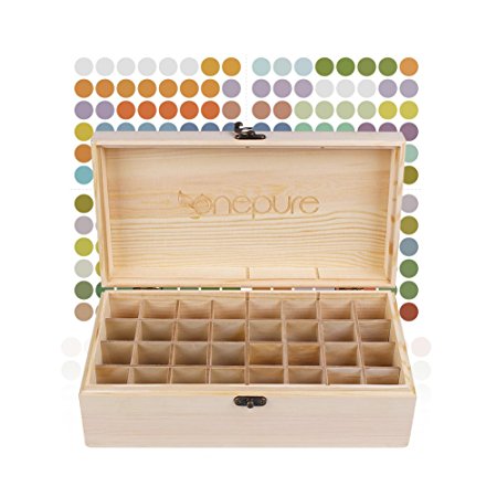 Onepure Essential Oil Storage Box Wooden Oil Case Organizer Holder with Free EO Label Removable Tray for 5ml 10ml 15ml Amber, 10ml Roller, or Larger 100ml 118ml 120ml Bottles