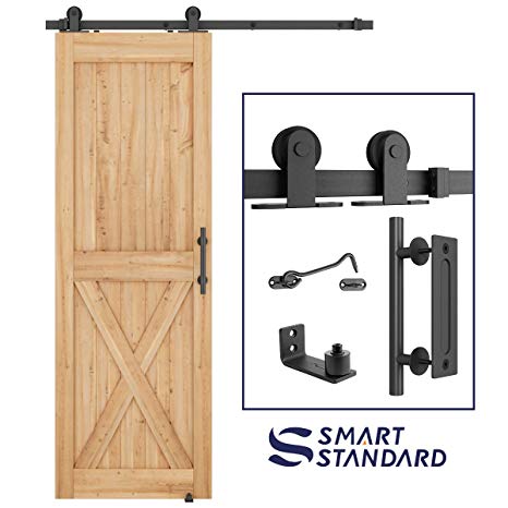 SmartStandard 5ft Heavy Duty Sliding Barn Door Hardware Kit, 5ft Single Rail, Black, (Whole Set Includes 1x Pull Handle Set & 1x Floor Guide & 1x Latch Lock) Fit 30" Wide DoorPanel(T Shape Hanger)