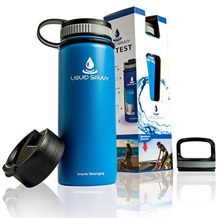Liquid Savvy 18oz Insulated Water Bottle with 3 lids - Stainless Steel, Wide Mouth Double Walled Vacuum Insulated Bottle for Hot and Cold Beverages