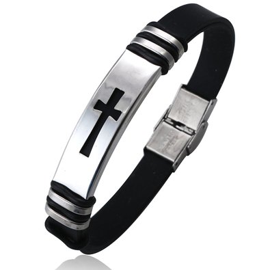 Jstyle Jewelry Men's Stainless Steel Religious Black Rubber Cross Bracelet