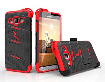 Zizo Bolt Cover For Galaxy Amp Prime | Galaxy J3 [.33mm 9H Tempered Glass Screen Protector] Dual-Layered [Military Grade] Case Kickstand Belt Clip-Red/Black