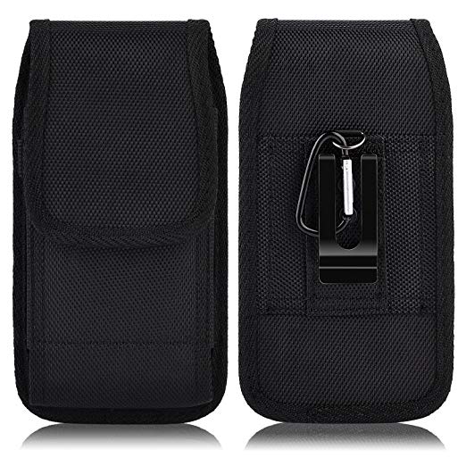 Samsung Galaxy S8 Plus Case, PLUS SIZE Pouch Case Holster for Apple iPhone 7 Plus, 6S Plus, 6 Plus, S7 Edge, Note 5 - Heavy Duty Black Nylon Canvas Velcro Flap Vertical Case Belt Clip Holster   Hook