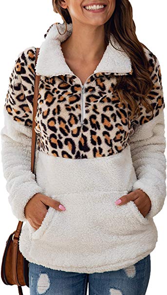 Angashion Womens Long Sleeve Half Zip Up Warm Fuzzy Leoaprd Print Patchwork Fleece Pullover Tops with Pocket for Winter