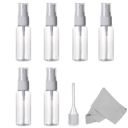 Spray Bottle Alink 6 Pack Empty 30ml 1 oz Clear Plastci Fine Mist Sprayer with Microfiber Cleaning Cloth and Dropper for Cleaning Travel Essential Oils Perfume