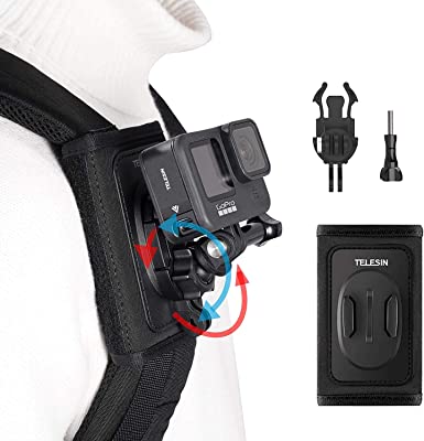 TELESIN Bag Backpack Shoulder Strap Mount with Adjustable Pad and J Hook Holder Attachment System for GoPro Max Hero 10 9 8 7 6 5 4, DJI Osmo Action, Insta 360 Camera (360 Rotation Backpack Mount)