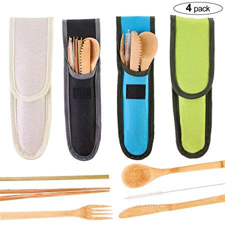 Bamboo Travel Utensil Set Reusable and Eco-Friendly Utensils Cutlery for Kids & Adults -Bamboo Spoon, Fork, Knife, Brush, Chopsticks 4 Pack