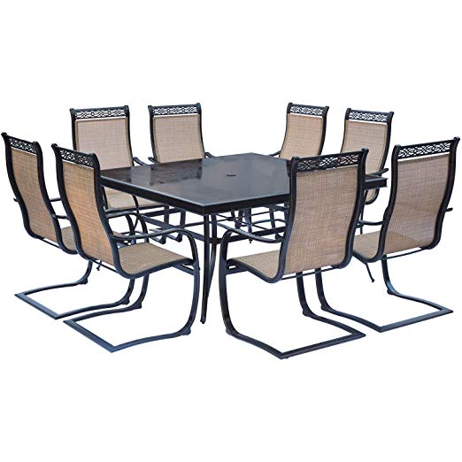 Hanover MONDN9PCSPSQG Monaco 9 Piece Set with Eight C-Spring Chairs and a Large 60" Square Dining Table Outdoor Furniture, Glass, Tan